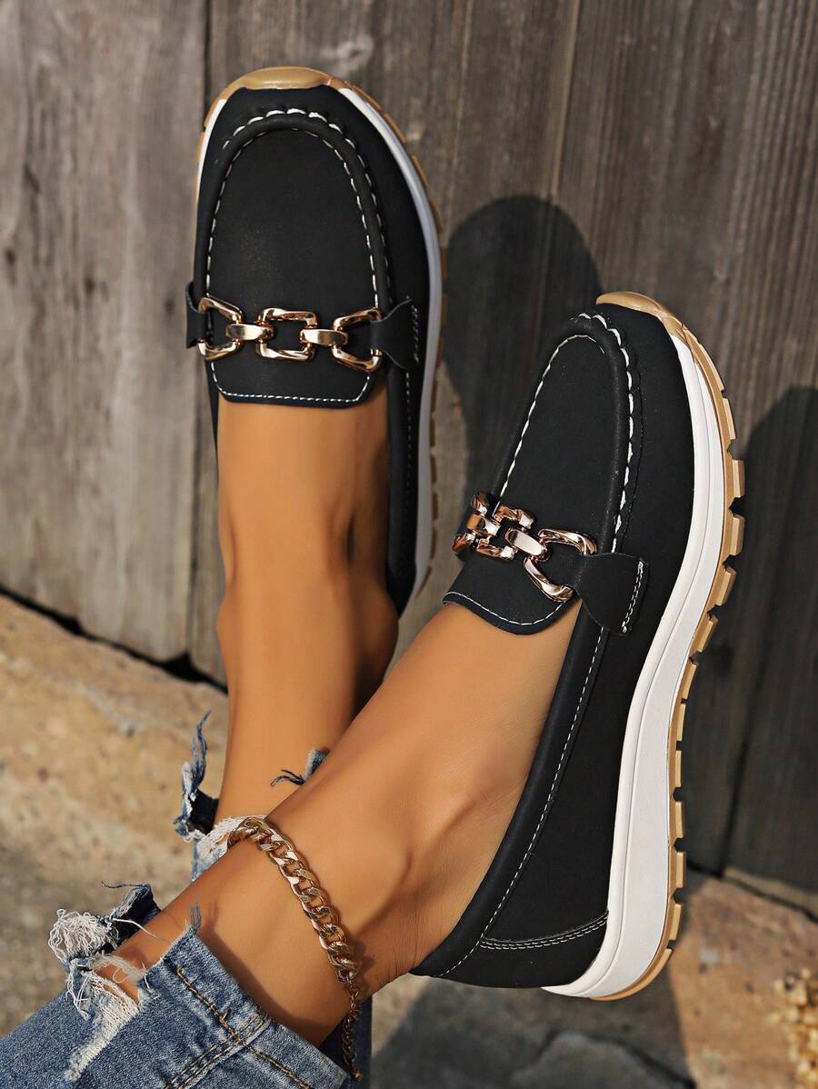 Women's round toe flatform slip-on loafers, featuring a striking gold chain. Ideal casual chic fashion footwear.