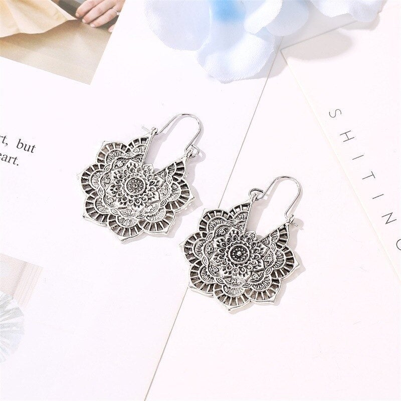 Unique gold lotus mandala drop earrings for women, perfect spiritual boho jewelry.