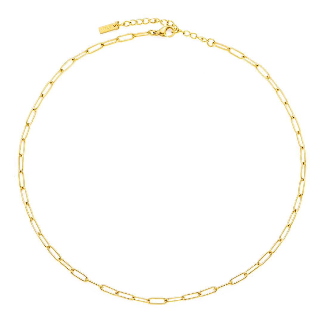 Minimalist gold paperclip choker necklace, adjustable for women. Hypoallergenic and waterproof.