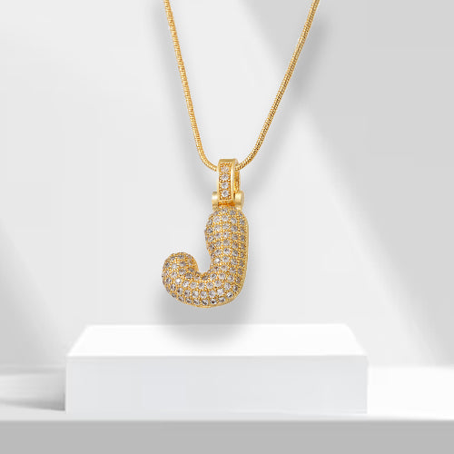 Trendy bubble letter initial necklace, gold plated for women, featuring bright zirconia stones.