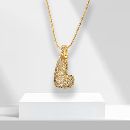 Stylish gold plated bubble letter necklace with zirconia, a perfect fashion accessory for women.