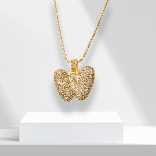 Sophisticated women's gold plated bubble letter initial necklace, featuring exquisite zirconia.