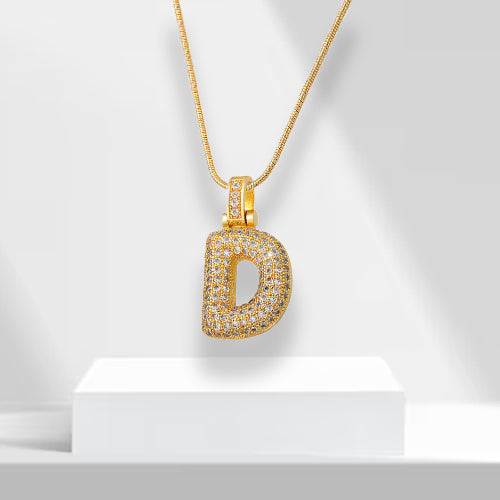 Elegant women's statement bubble letter necklace, gold plated and encrusted with dazzling zirconia.