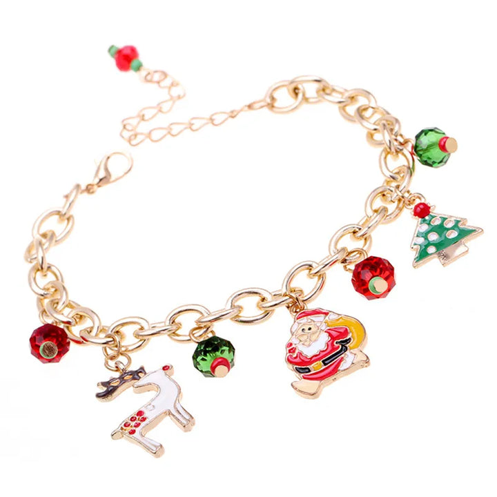 Women's gold-plated Christmas charm bracelet with festive rhinestones, perfect for holiday style.