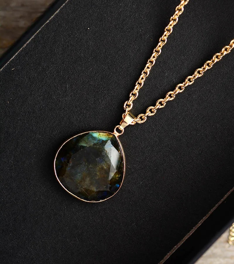 Boho women's gold plated labradorite necklace. Spiritual gemstone drop pendant, known for protection.