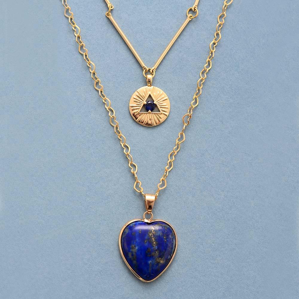 Elegant women's Lapis Lazuli necklace, a spiritual talisman for protection. Gold-plated healing stone jewelry.