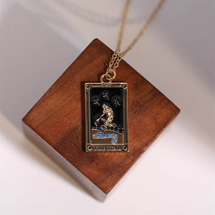 Shimmering zirconia gold-plated tarot card drop necklace for women, adjustable chain.