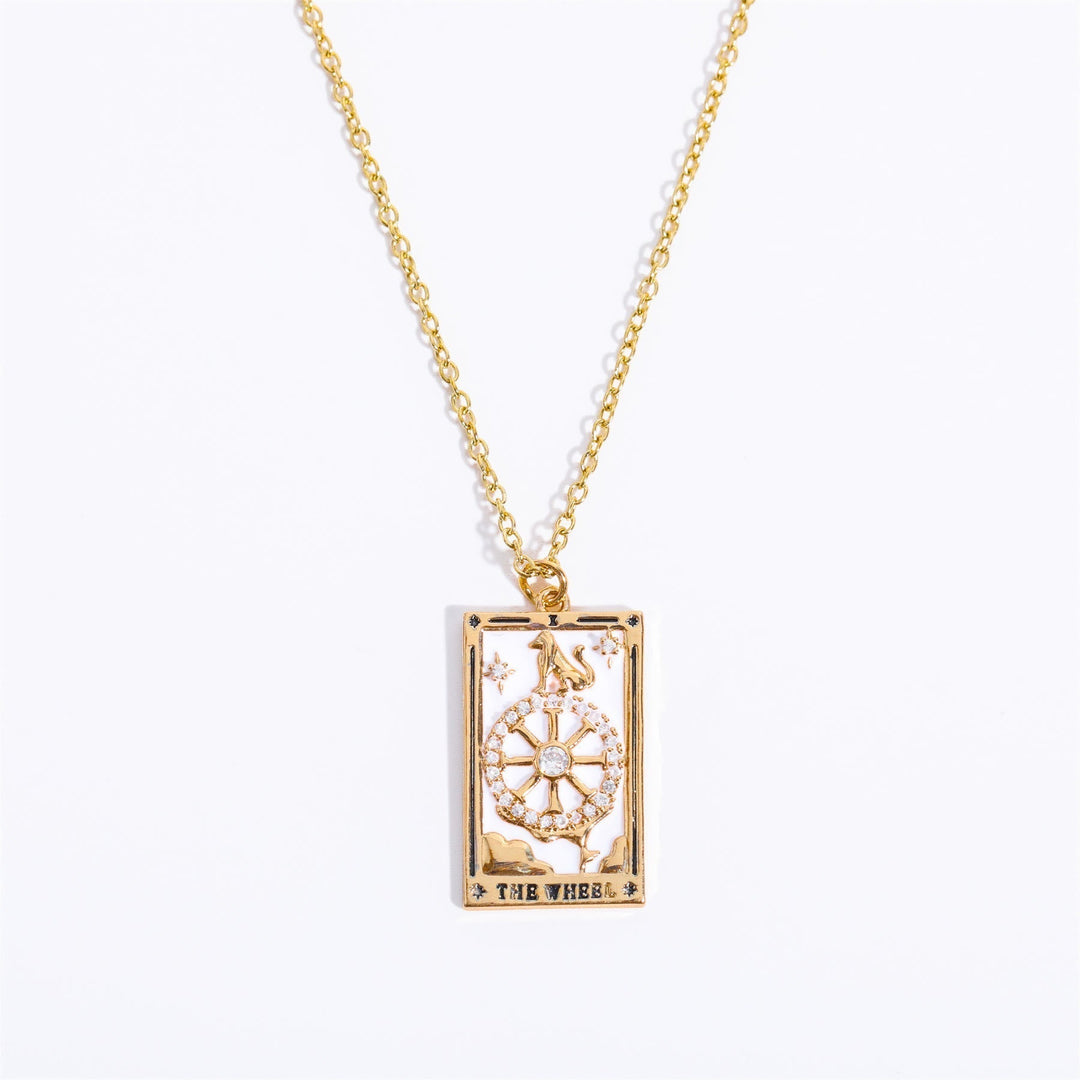 Trendy women's fashion jewelry: gold-plated tarot card drop pendant necklace.