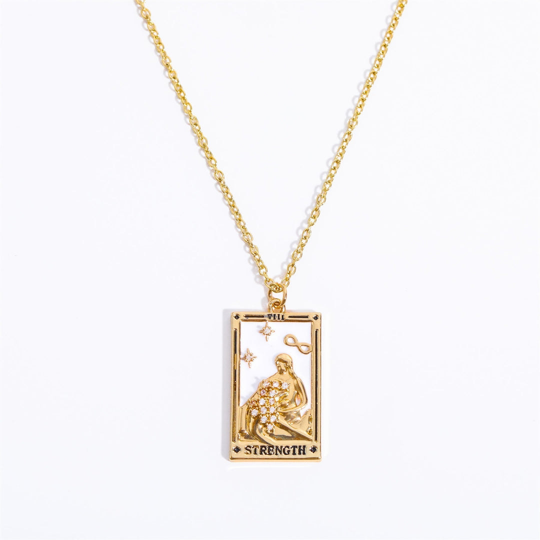 Mystical women's gold-plated necklace with a zirconia-accented tarot card pendant.