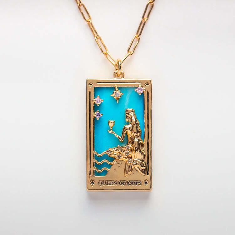 Sparkling zirconia gold-plated tarot card necklace, a beautiful women's spiritual accessory.