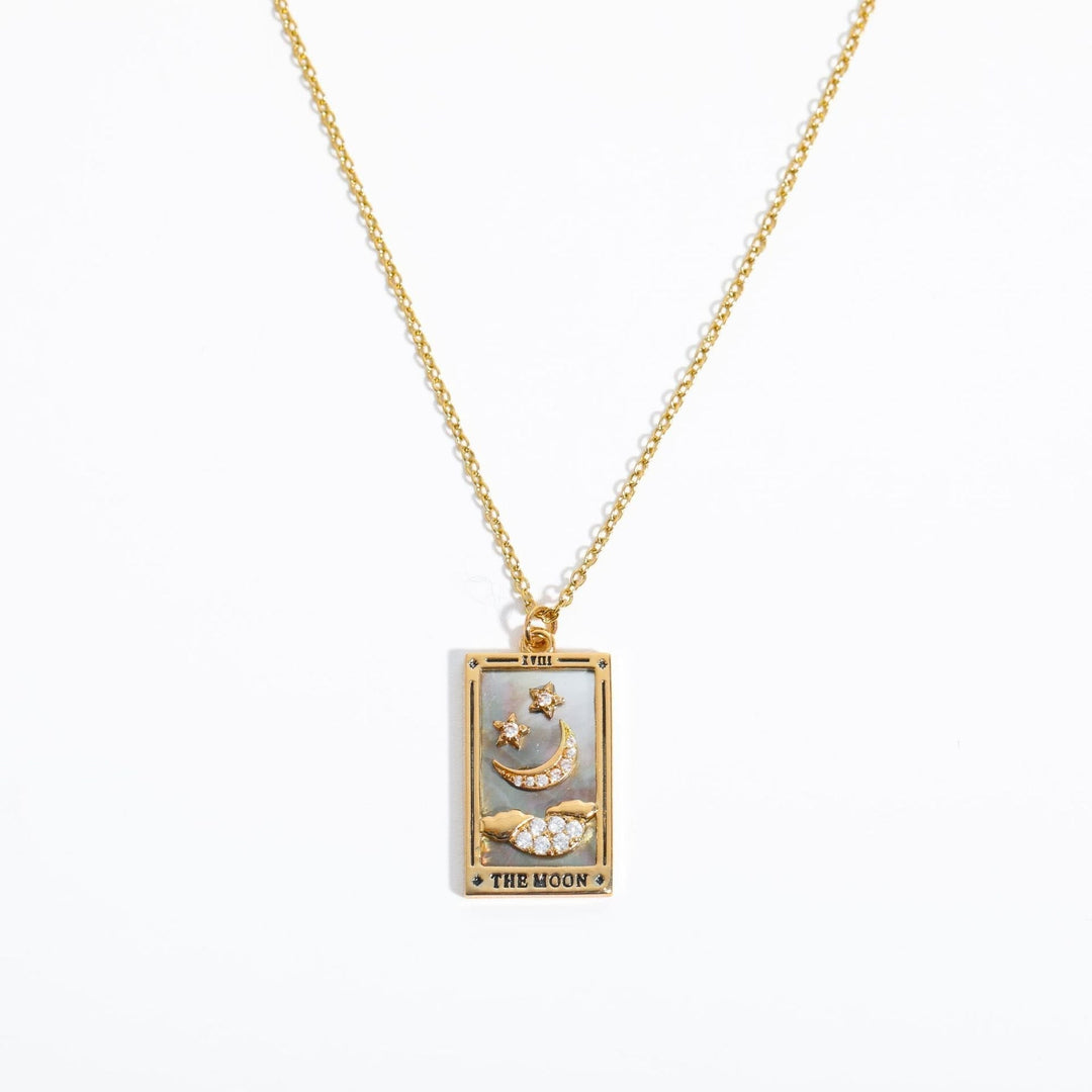 Gold-plated tarot card drop pendant necklace, a unique gift for women who love mystical jewelry.