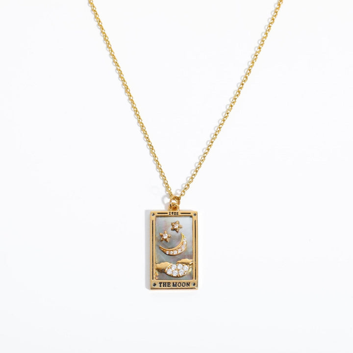 Gold-plated tarot card drop pendant necklace, a unique gift for women who love mystical jewelry.