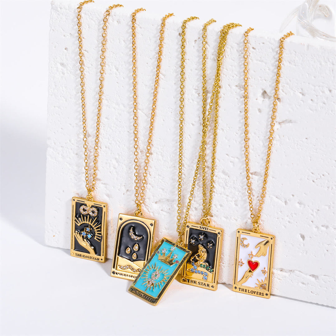 Gold-plated women's drop necklace, featuring a radiant tarot card design and zirconia.