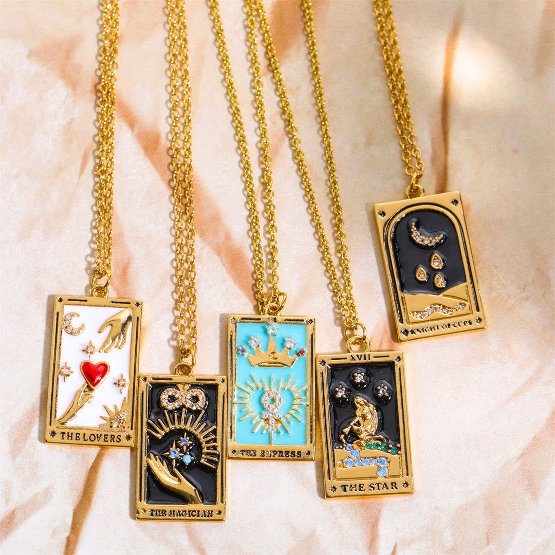 Adjustable gold-plated tarot card necklace for women, a stylish spiritual accessory.