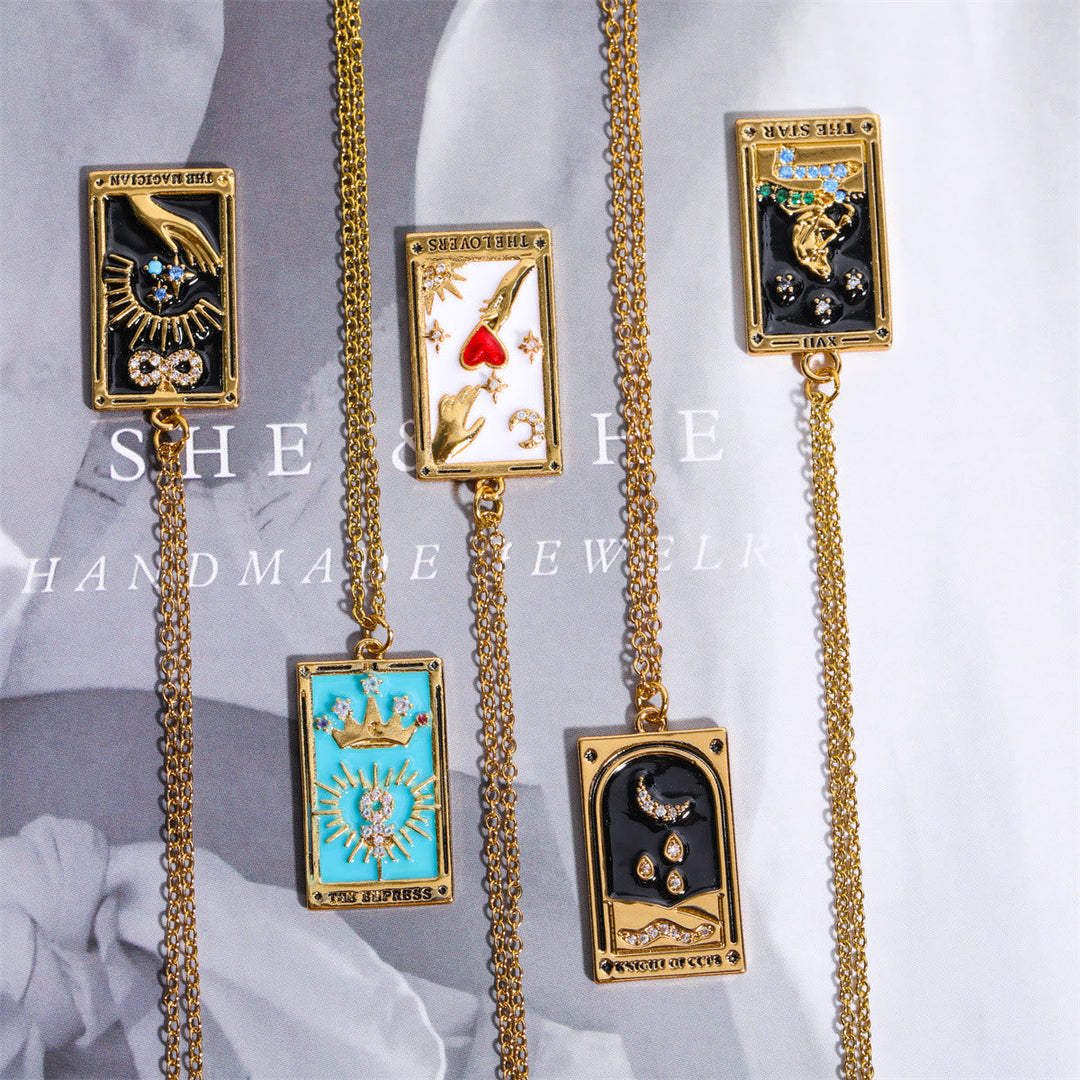 Elegant gold-plated tarot card drop pendant necklace for women, a unique spiritual gift.