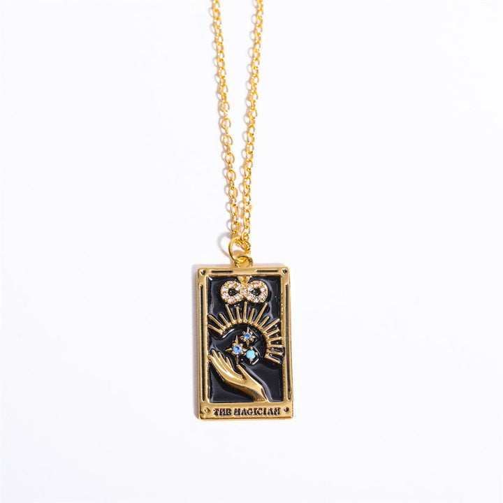 Elegant women's gold-plated necklace featuring a detailed tarot card drop pendant.