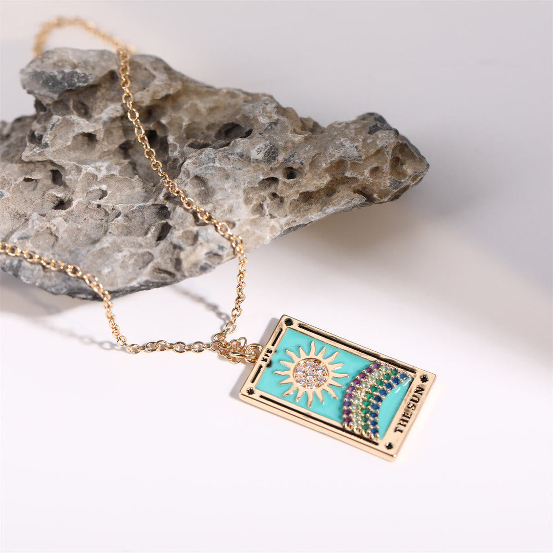 Delicate gold-plated tarot card drop pendant, a mystical women's necklace with zirconia.