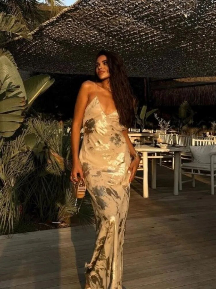 Women's gold sleeveless summer midi dress with deep V-neck, perfect for holidays and casual wear.