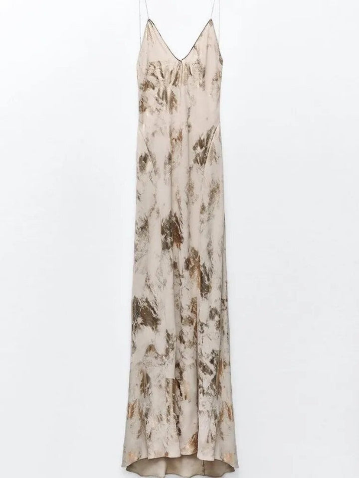 Chic women's sleeveless gold summer dress, a comfortable flowy midi with a flattering deep V-neck.
