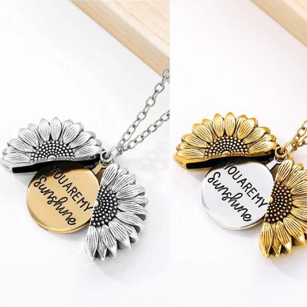 Silver tone 'You're My Sunshine' sunflower locket necklace, sentimental women's jewelry gift.