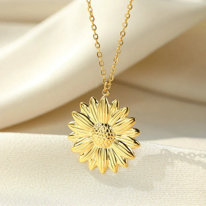 Gold tone sunflower locket necklace for women, 'You're My Sunshine' engraving, adjustable chain.