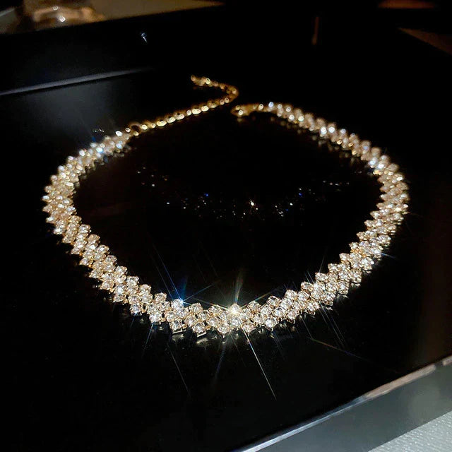 Women's Golden Gala Rhinestone Geometric Necklace, sparkling gold statement jewelry, adjustable elegant fashion.