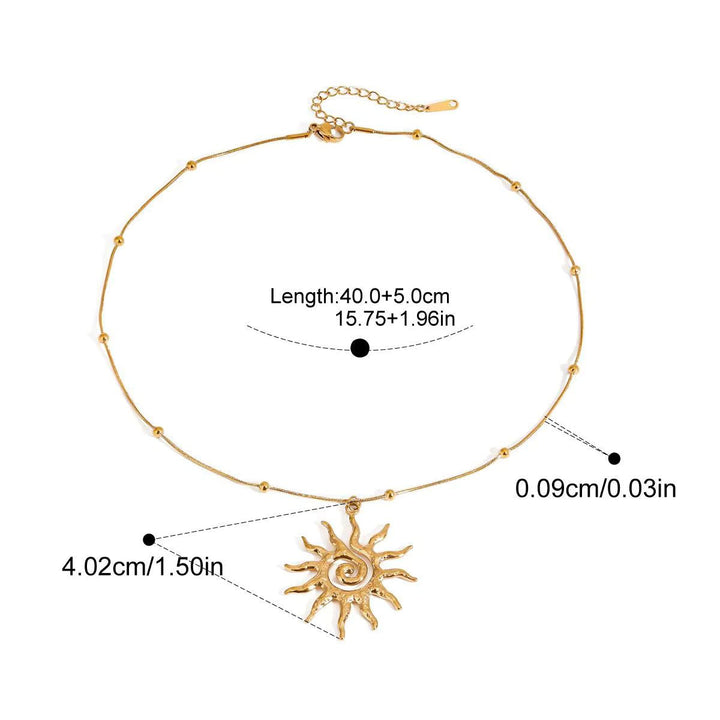Elegant golden sun charm necklace, crafted from hammered stainless steel, ideal for women's style.