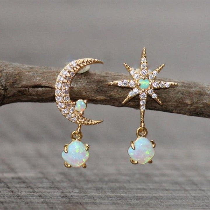 Women's golden moon & star opal earrings, elegant celestial fashion jewelry, perfect gift for her.