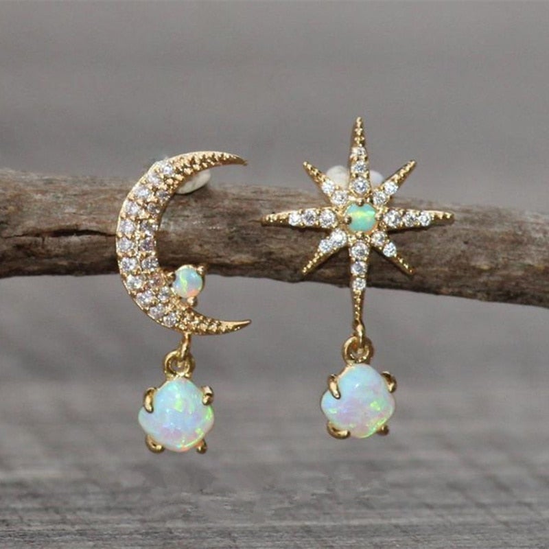 Gift for her: Women's celestial golden moon & star opal earrings, elegant fashion jewelry for any occasion.