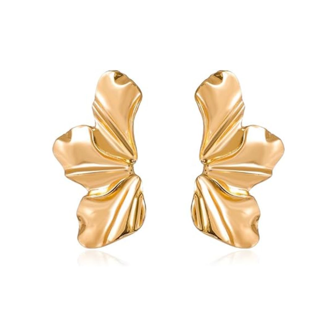 Women's golden petal stud earrings, elegant floral design jewelry.