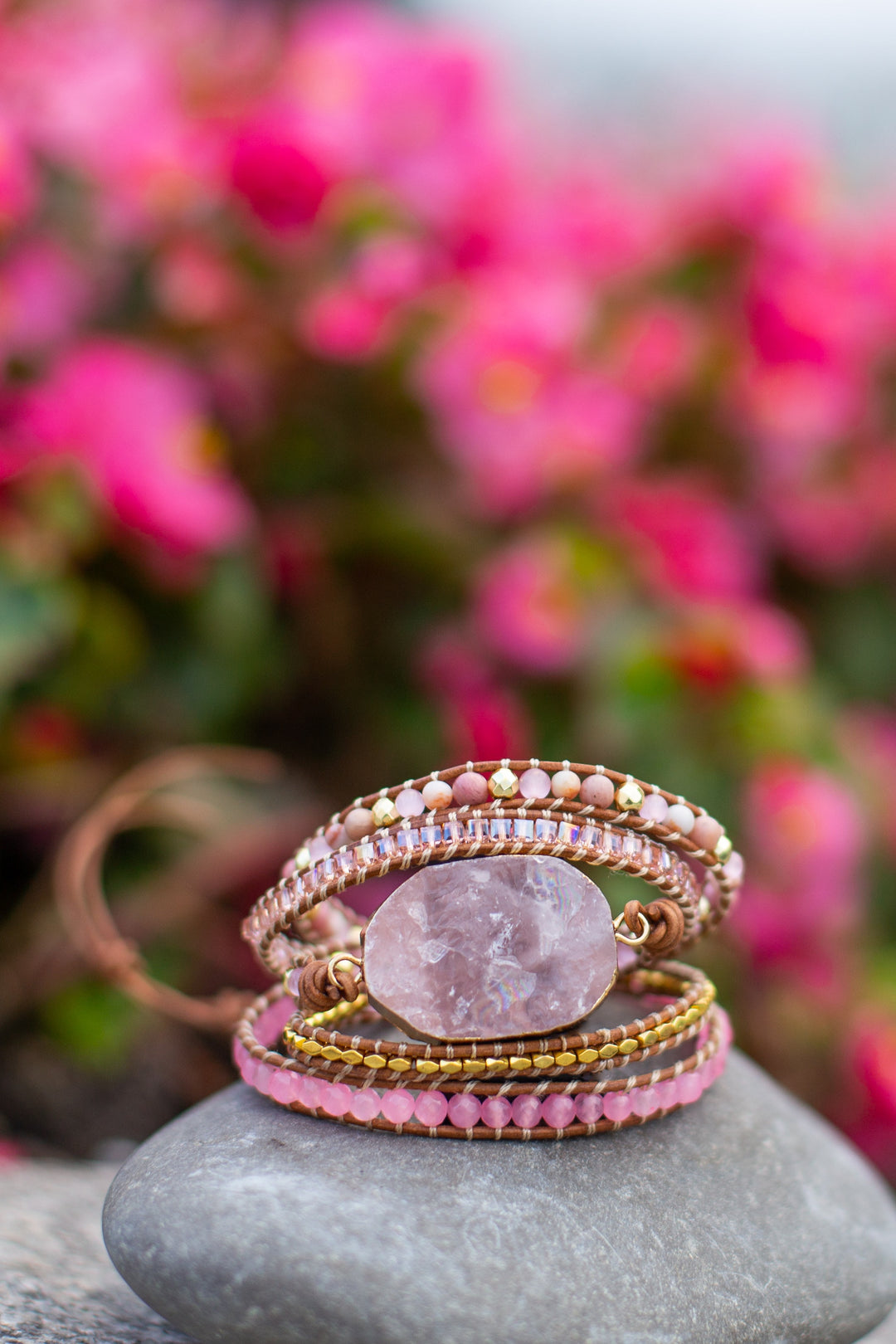 Women's natural rose quartz gemstone bracelet, golden beads, adjustable, a charming handmade gift
