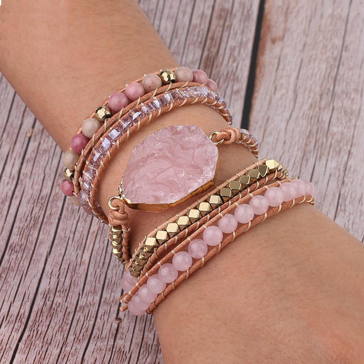 Amoria women's rose quartz gemstone bracelet, gold accents, adjustable, for healing and fashion