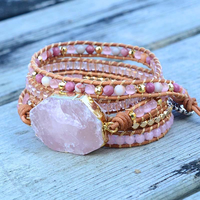 Fashionable rose quartz beaded bracelet with gold components, handmade and adjustable for women
