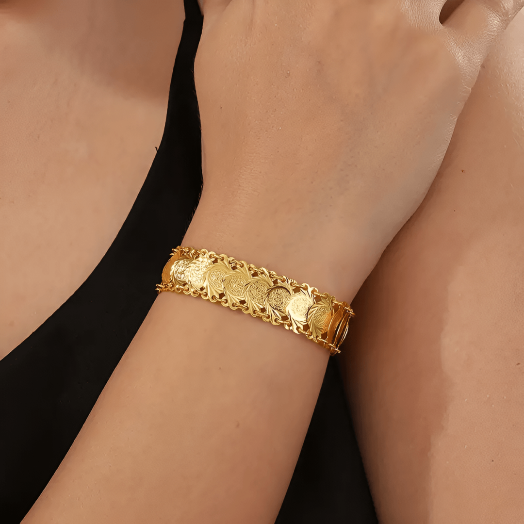 Close-up of Aurielle women's golden heavenly waterfall bracelet, hypoallergenic, stylish accessory