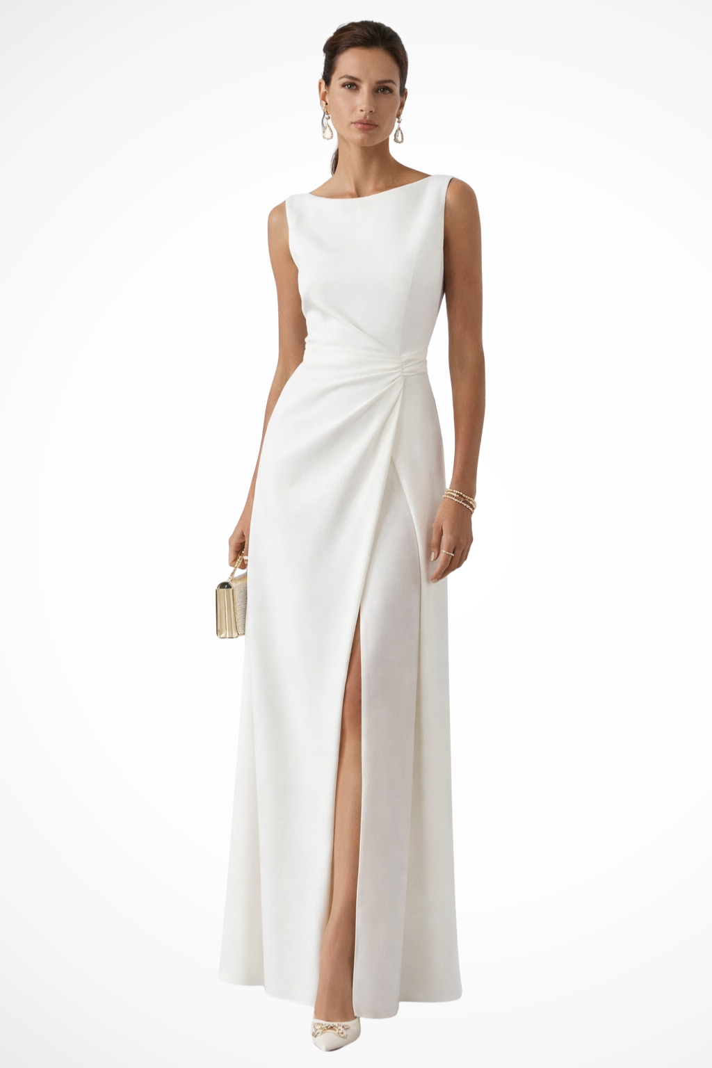 Women's graceful white maxi dress with side slit, perfect for evening events. Elegant sleeveless formal gown.
