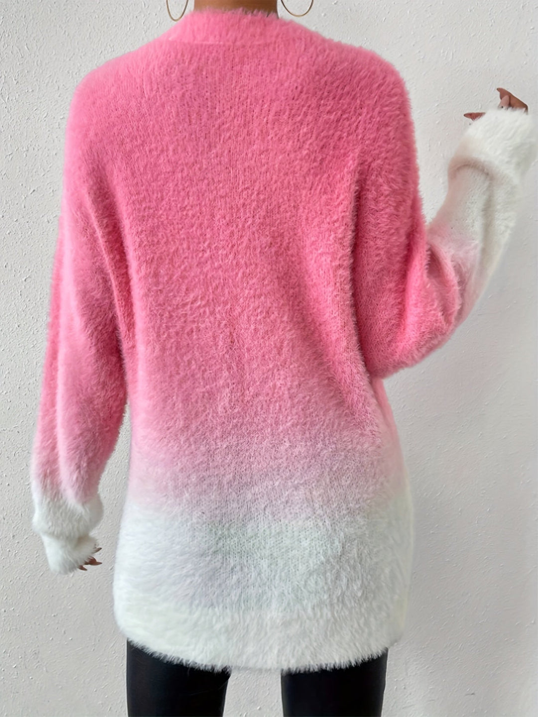 Stylish women's graduated pink fuzzy sweater. A cozy crew neck long sleeve top perfect for fall outfits.