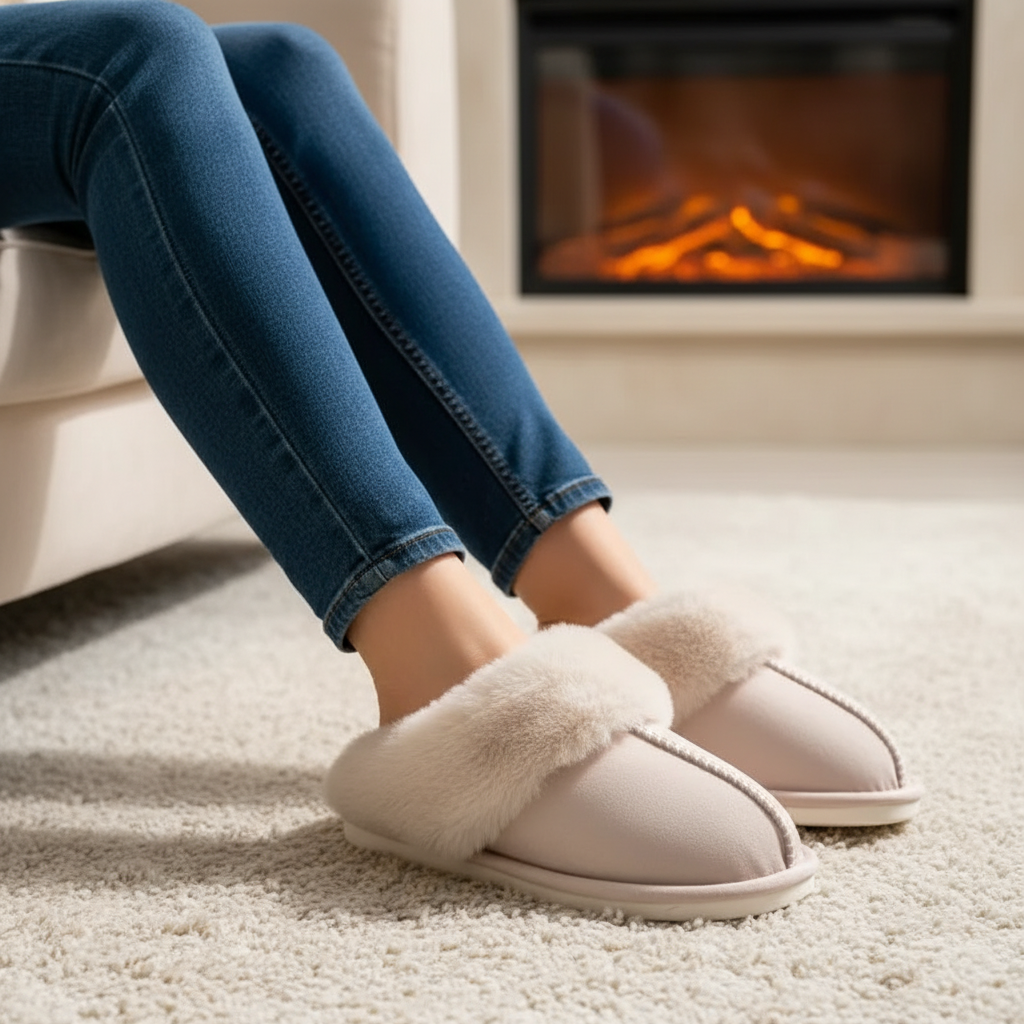Women's gray faux suede plush-lined comfort slippers, perfect for cozy indoor wear