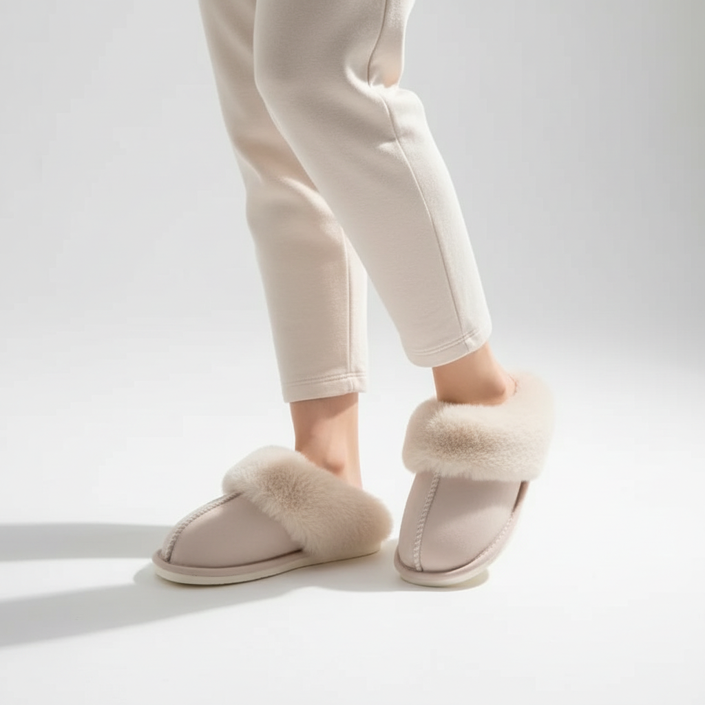 Warm indoor slippers for women, made from faux suede with a luxurious plush lining