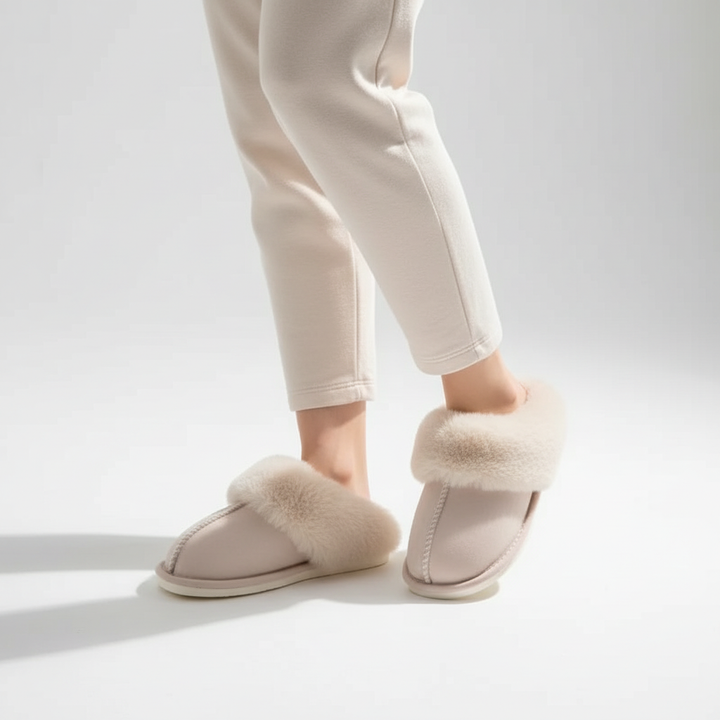 Warm indoor slippers for women, made from faux suede with a luxurious plush lining