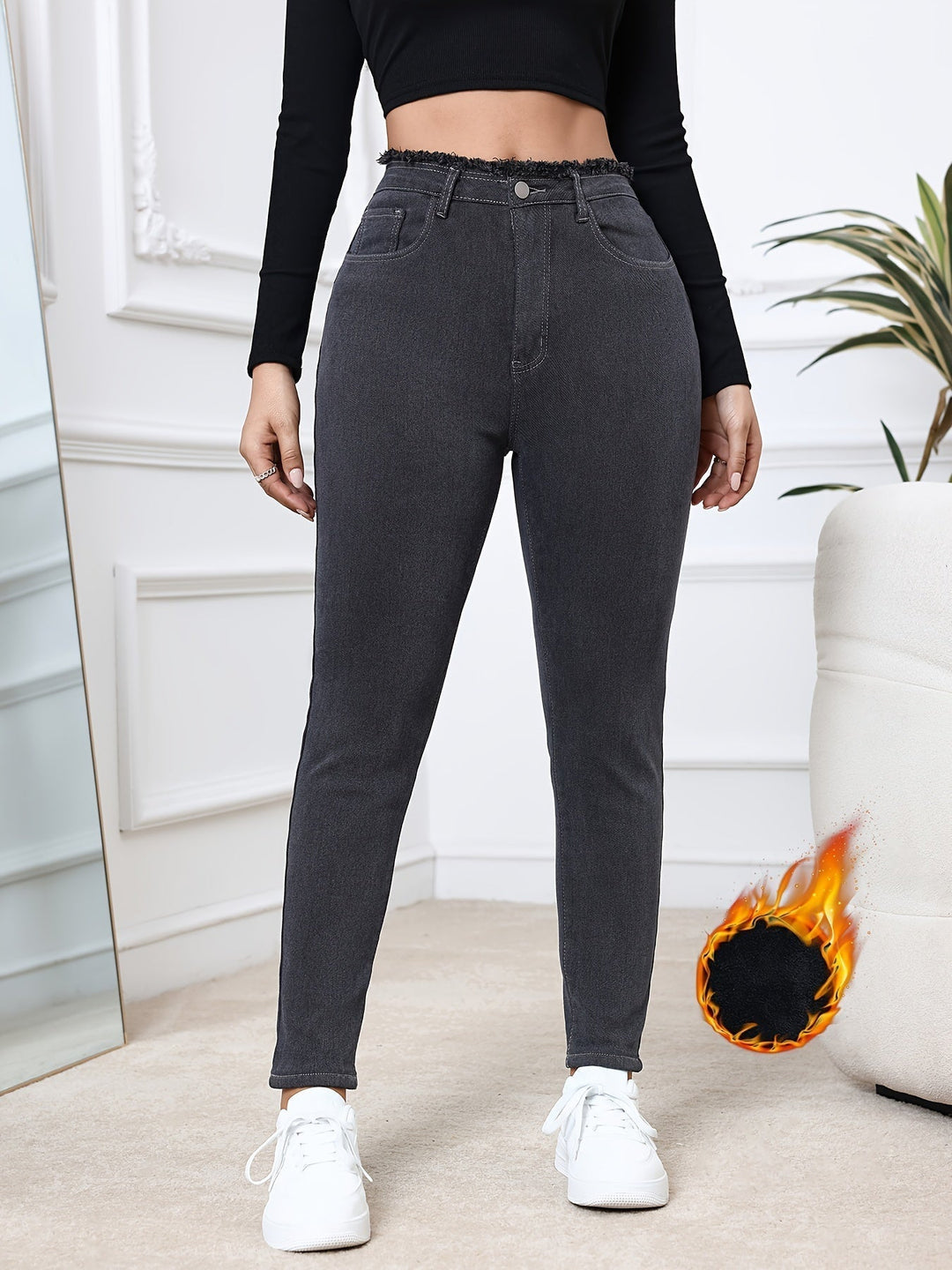 Comfortable women's gray skinny jeans, fleece-lined for ultimate winter warmth & style.