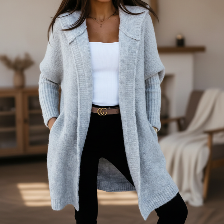 Women's gray knitted hooded vest, versatile polyester gilet for autumn layering