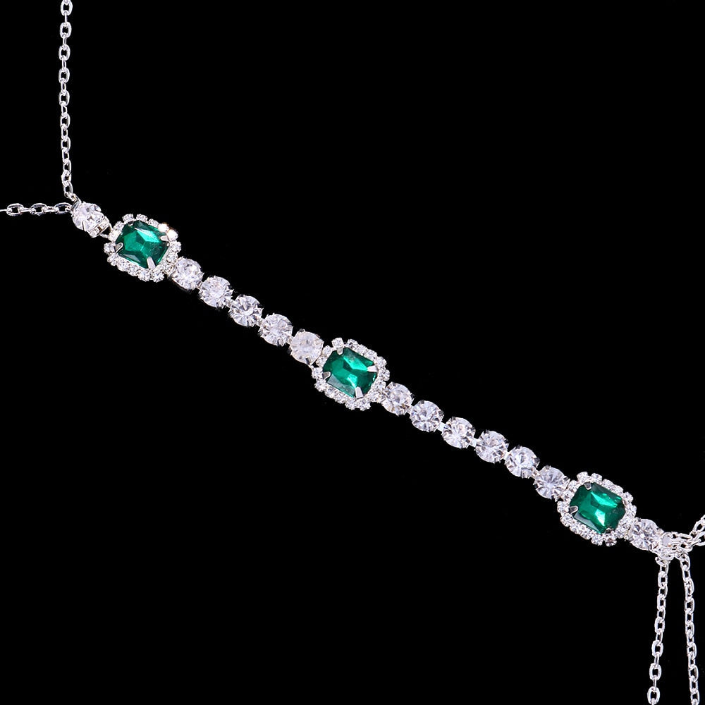 Stunning green crystal body chain necklace, a luxurious women's accessory. Perfect statement fashion jewelry.