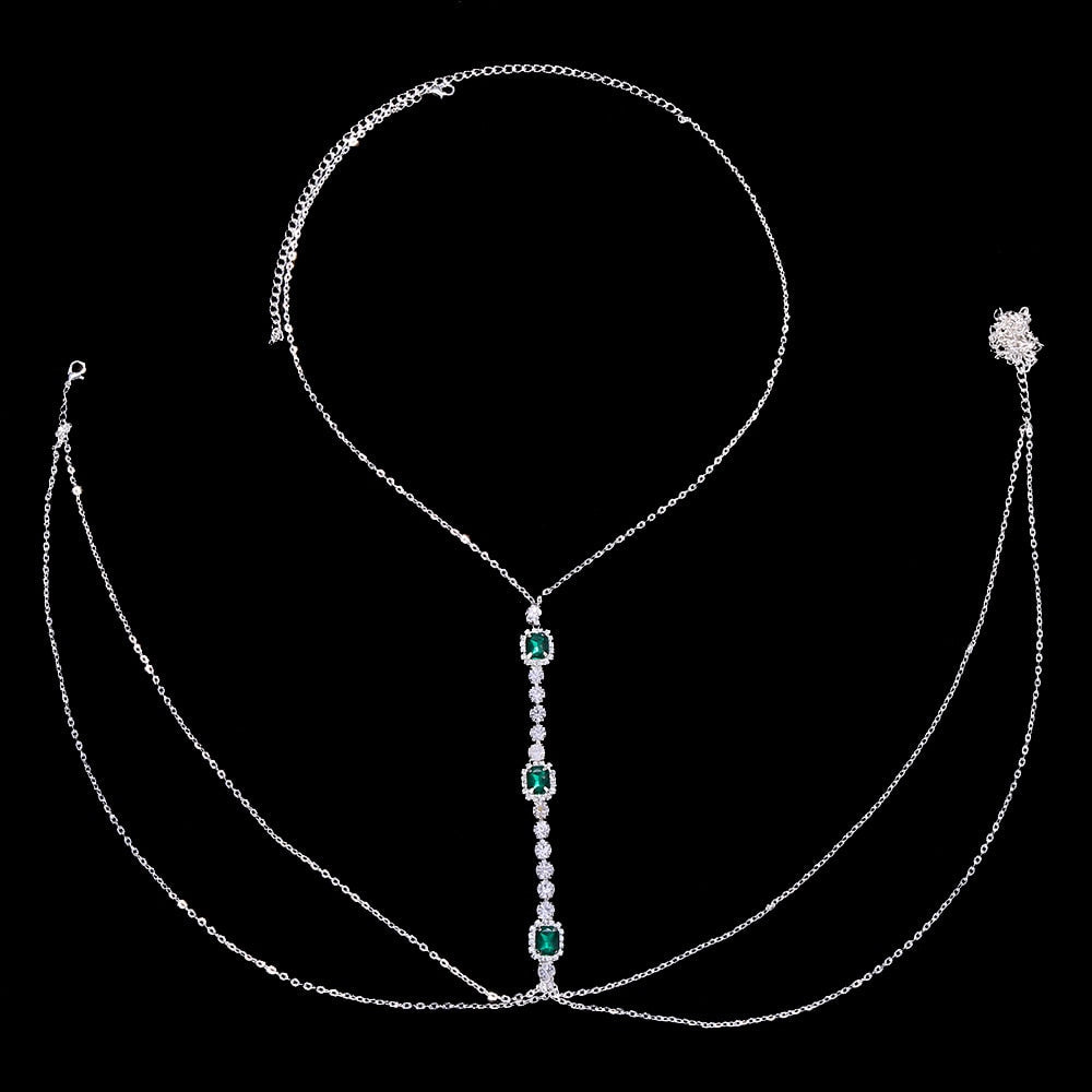 Vibrant green crystal rhinestone body chain. A must-have women's fashion jewelry accessory and chest chain.
