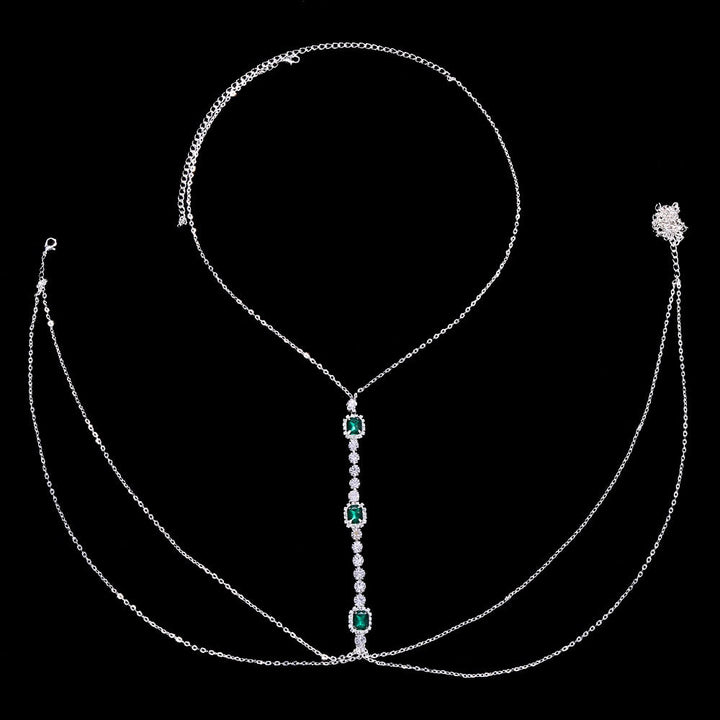 Vibrant green crystal rhinestone body chain. A must-have women's fashion jewelry accessory and chest chain.