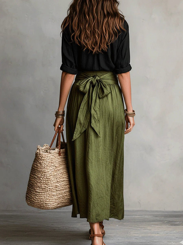 Stylish women's green maxi skirt set, ideal casual outfit or vacation wear with a button-front top & tie-waist.