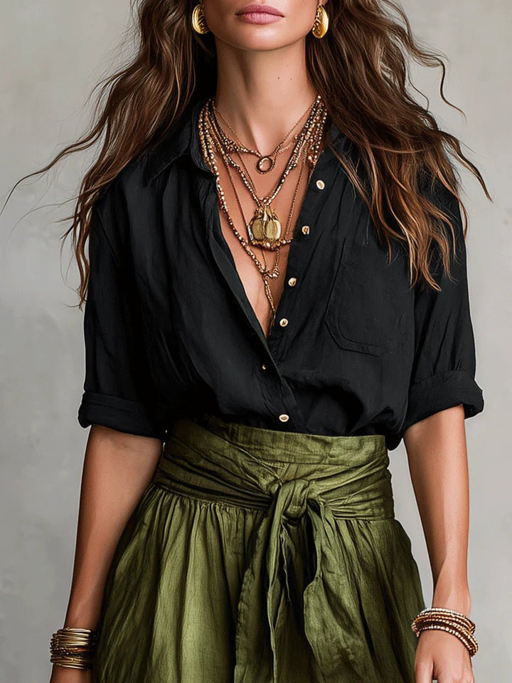 Effortless green maxi skirt and matching button-front blouse set for women, featuring a comfortable tie waist.