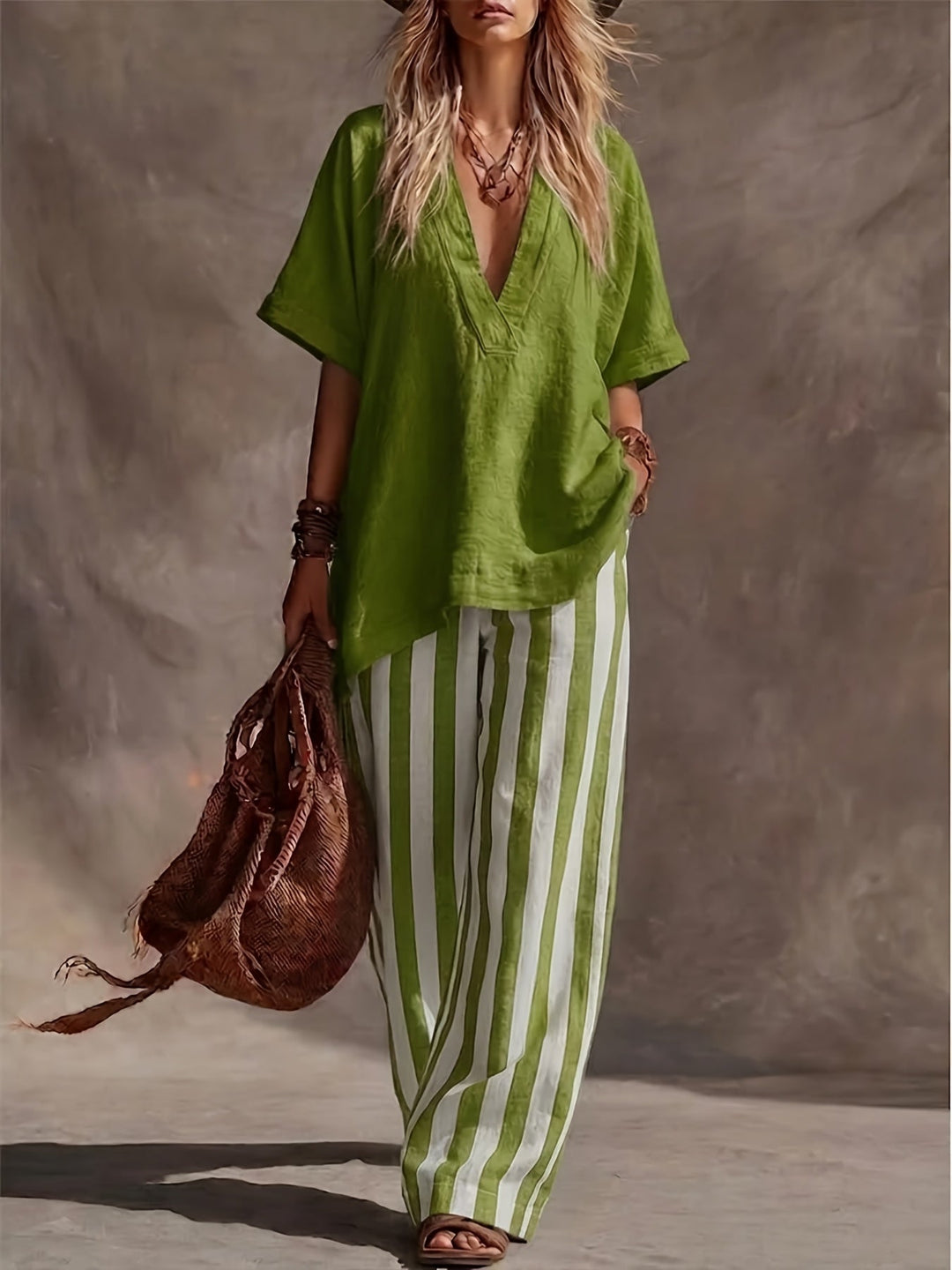 Women's green & yellow striped wide leg pants set with V-neck short sleeve top. Perfect for summer resort wear.