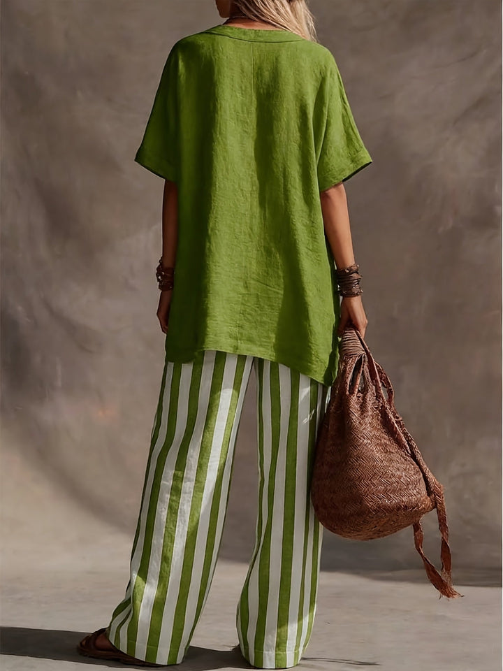 Women's casual V-neck top & striped wide leg pants set in green & yellow, ideal for summer fashion.