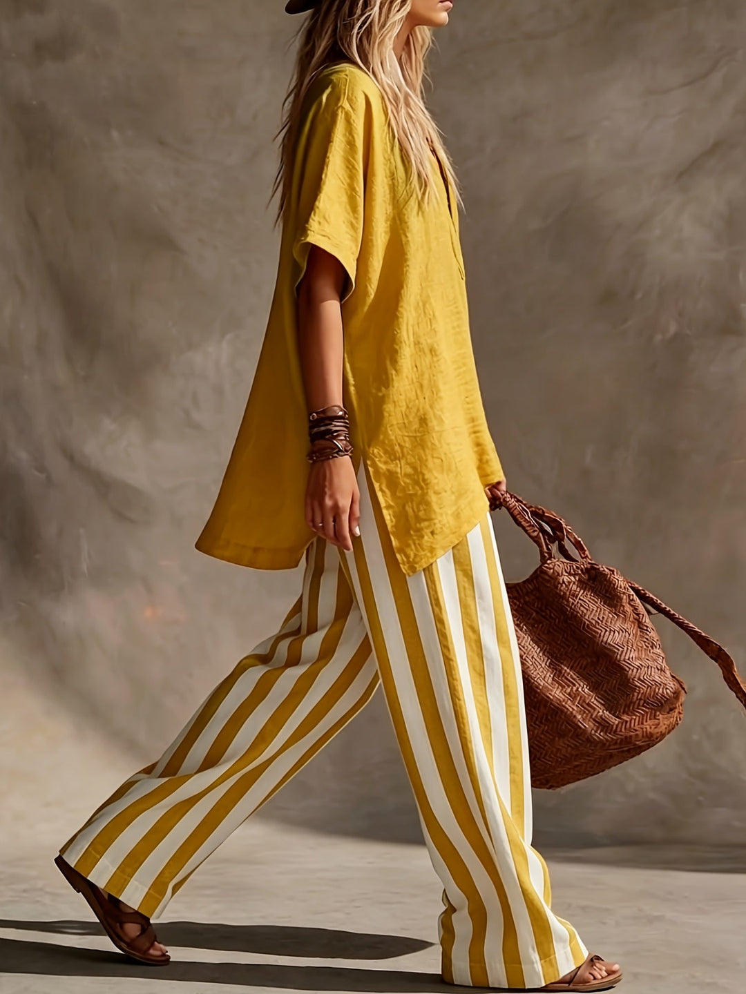Stylish women's green & yellow striped wide leg pants and V-neck top set, a chic summer resort outfit.