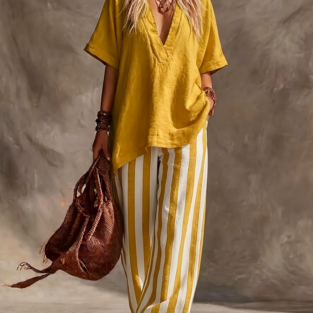 Women's green & yellow striped wide leg pants set. Includes a V-neck short sleeve top, perfect for summer vacation.